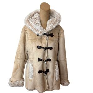 Coldwater Creek Beige Tan Faux Fur Toggle Coat Size Large 14 Y2K